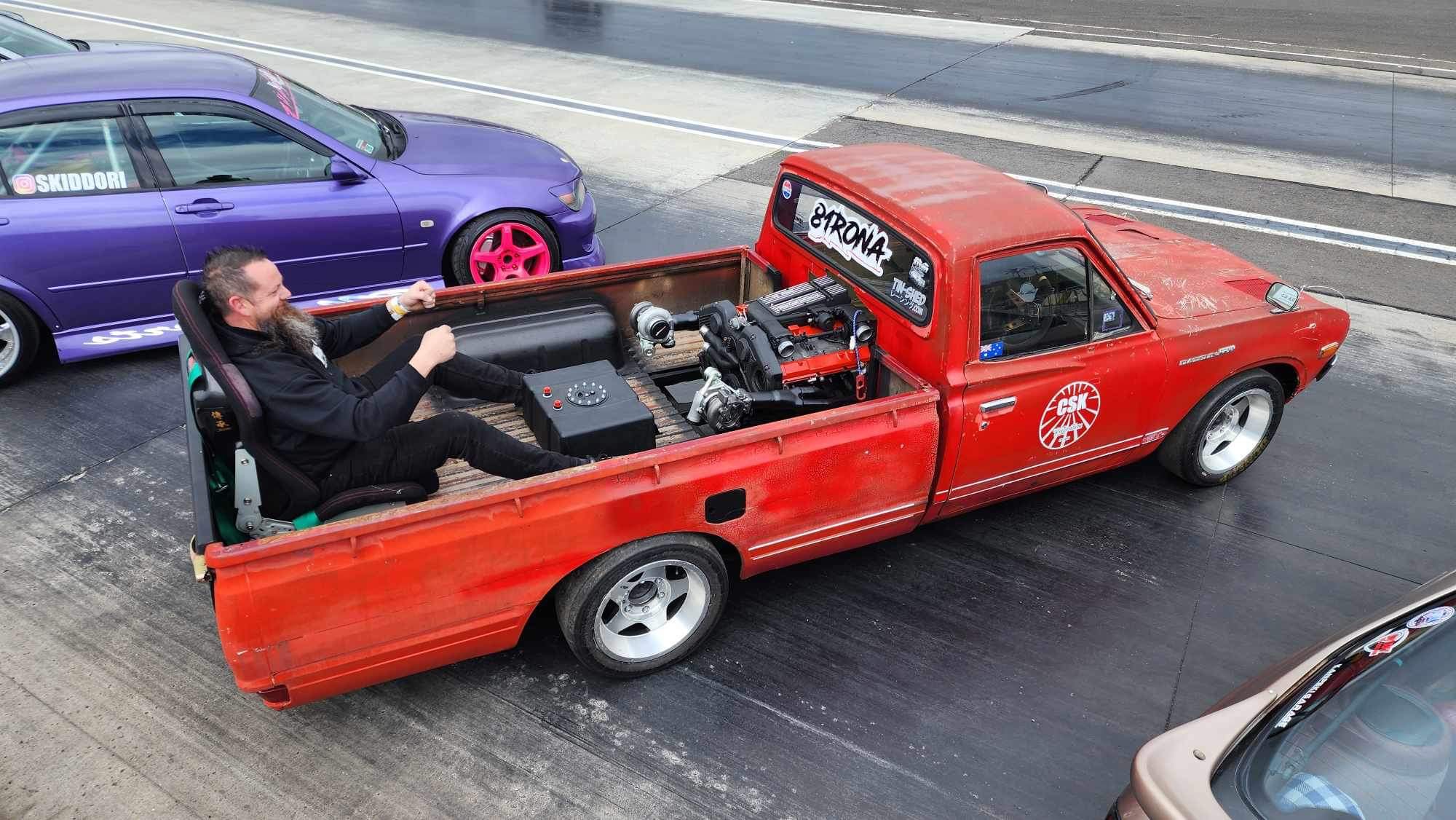 Mid-mounted, V-drive Datsun 620 drift ute in the build